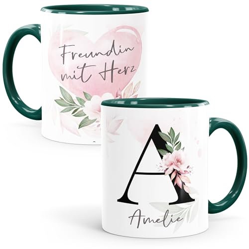 SpecialMe® Kaffee-Tasse mit Name und Spruch mit Herz Initiale Monogramm Dankeschön personalisierte Geschenke Freundin inner-grün Keramik-Tasse