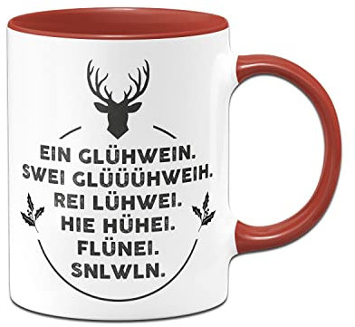 Tassenbrennerei Original - Tasse mit Spruch Ein Glühwein, swei Glüüüühwein, Rei Lühwei - Kaffeetasse lustig - Weihnachtstasse (Rot)