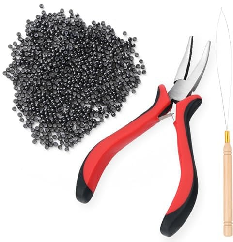 Vlasy Hair Extensions Tools Kit - Professional Tools with Extension Pliers, Loop Threader and 200PCS 3.0mm Silicone Rings Beads Links (Black)