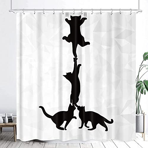 Rideau de Douche 240x200 Chat Marrant, 3D Blanc Rideau Douche Anti Moisissure Tissu Rideaux de Douche 100% Polyester Rideau de Salle de Bain, avec 12 Crochets