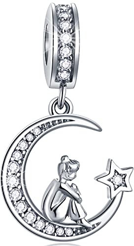 Mädchen sitzend auf Halbmond Mond Anhänger Charms, fit Pandora Halskette Armband, 925 Sterling Silber Girl Mondsichel Moon CZ Sternenhimmel Perlen, Geschenke für Tochter/Schwester/Muttertag
