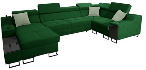Ecksofa Nadadu IV Mini, Eckcouch mit Schlaffunktion Bettkasten, einstellbaren Kopfstützen, Lampe mit USB-Anschluss, Barfach, U-Form Polsterecke (Uttario Ve. 2951 + Uttario Ve. 2954, Seite: Links)