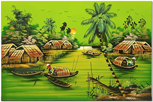 Art Saigon Tableau en Bois Laqué Peint, Campagne du Vietnam, Fait Main, L60xH40cm - Peinture Mural de Décoration, Style Asiatique - Artisanat du Vietnam (S37-183636)