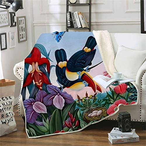 ALABOW 3D Tukan Kuscheldecke 150x200cm Warmer Winter Weich Tropisch Blumen Decke Microfaser Sherpa Wohndecke Flauschige Couchdecke für Erwachsene Weihnachten Geschenk Blanket