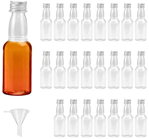 TANCUDER 24 Stück Mini Fläschchen, Kleine Schnapsflaschen, 100ml Likörflaschen zum Befüllen, Plastik Saftflaschen mit Schwarzem Deckel und Trichter zum Aufbewahren von Getränken oder Wein