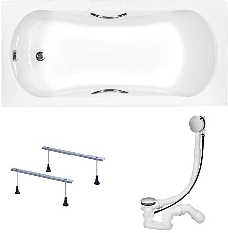 KOLMAN Badewanne ARIA PLUS Rechteck 150x70 ohne Verkleidung, Ablaufgarnitur und Füßen Komplettset 3in1 Premium Original Acryl Wanne Siphon