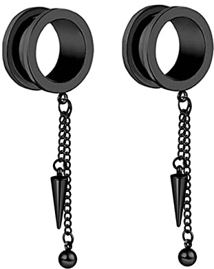 Gualiy 2 STK Ear Tunnel Edelstahl, Flesh Tunnel 18mm mit Kette und Kegel Anhänger Schwarz Ohrringe Tunnel