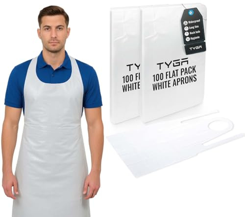 TYGA Disposable Polythene Aprons, White, Flat Pack, Pack of 200 | Lightweight Waterproof Design, Use For Cleaning, Kitchen & Daily Work, Single-Use Aprons, Easy To Wear & Remove, Comfortable