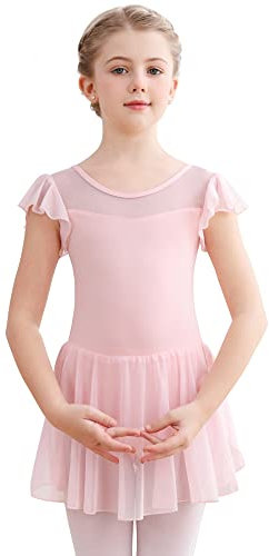 Aiseyi Abbigliamento da balletto da ragazza a maniche corte, abito da balletto in cotone, maglia da balletto, tuta da balletto, vestito da ballerina per bambini, Colore: rosa., 100 cm
