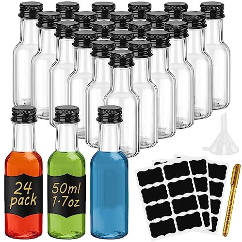 WenYa 24 Pack Mini Liquor Bottles, 50ml Empty Small Plastic Bottle with Lids (Leak Proof Black Screw Caps), Reusable Miniature Alcohol Bottles with Labels Funnel for Weddings Parties
