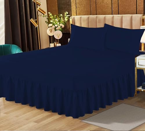 Plain Dyed Frilled Valance Sheet Double Bed Poly Cotton Non Iron Thick Fabric Valance Sheet for Home Decor - navy -135 X 190 + 25 cm + Frill 40 cm