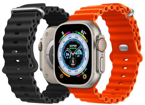 NUKELOLO 2 Stück Ocean Armband Kompatibel mit Apple Watch Ultra 49mm 46mm 45mm 44mm 42mm 41mm 40mm 38mm, Soft Silikon Sport Armband für iWatch Series 10 Ultra 9 8 7 6 5 4 3 2 1 SE, Schwarz/Orange