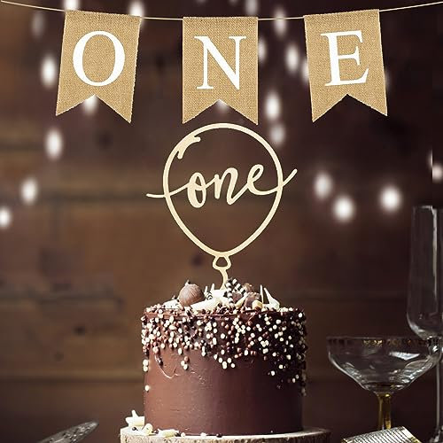 Wooden 1st Birthday Cake Topper with Banner & Decorations for Baby Shower Party Supplies (Balloon Style)