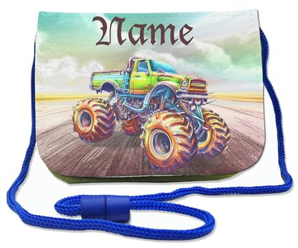 Kinder Brustbeutel mit Name und Schriftartwahl | Klettverschluss mit Schnur zum Umhängen und Klarsichtfach | Geldbeutel personalisiert | 3 Farben (Monstertruck)