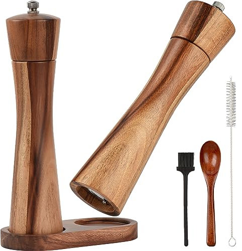 10.5 inch Wood Salt and Pepper Grinder Set, JOYCEMALL Set of 6 Manual Salt and Pepper Grinder with Ceramic Grinding Rotor - Pepper and Salt Mill, Wooden Standing Tray, 2 Cleaning Brushes, Spoon
