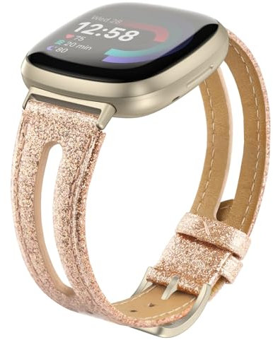 Tuocal Lederarmband Kompatibel für Fitbit Versa 4 / Versa 3 Armband/Sense Leder Armband,Schlankes Weiches Ersatzarmband Kompatibel mit Fitbit Versa 4 / Versa 3 / Sense Damen Herren,Glitzer Roségold
