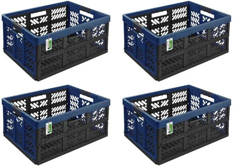 4X Stabile Profi Klappbox Eco 45L - 54 x 37 x 28 cm - Einkaufskiste klappbar mit Soft-Griffe - Transportkiste stapelbar Dunkelblau/Graphit
