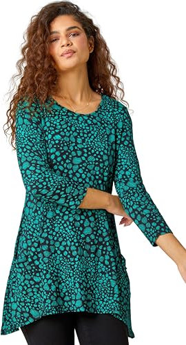 Roman Originals Swing Top with Pockets for Women UK Ladies Hanky Hem Asymmetric Tunic Blouse Longline Long Stretch Jersey Casual Round NeckTee Shirt T-Shirt - Green - Size 10