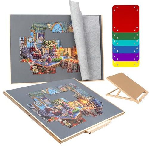 Sancallie 1500-teiliges Puzzlebrett und Halterungs-Set – Holz-Set mit 6 Sortierschalen, graue Filzmattenabdeckung zur Aufbewahrung von Puzzles