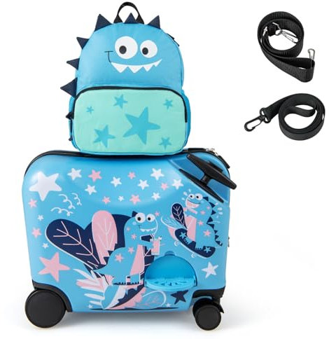 GOPLUS Kinderkoffer mit Rucksack, Kids Trolley, Kindergepäck mit Rollen, Reisekoffer mit Teleskopgriff, Hartschalenkoffer für Kinder, Kindertrolley Farbwahl (Blau-Dinosaurier, 12+18)