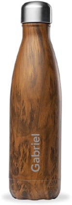 Qwetch - Bouteille Personnalisée Isotherme 500ml Wood - Gourde Nomade Inox Recyclé - 24h Froid et 12h Chaud - Etanche, Sans BPA & Réutilisable