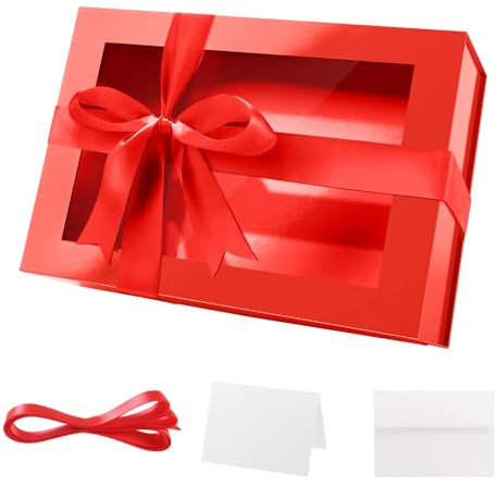 PKGMAGIC Große Geschenkbox, rot, 35,6 x 24 x 11,4 cm, leere Geschenkbox mit transparentem Fenster, leere Geschenkbox, magnetische Geschenkbox und Band für Geburtstag, Hochzeit (glänzend)