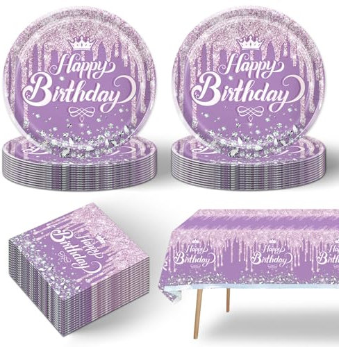 41pcs Purple and Silver Party Supplies ,include 20 dessert plates,20 Napkin and 1pcs Tablecloth,Used for Purple Silver Glitter Birthday Party Decoration Set