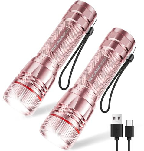 BUCASA LED Lampe Torche Rechargeable, 2000 Lumens Lampe Torche LED Ultra Puissante avec 3 Modes, 2 Pièces Zoomable Lampe Torche Enfant, Étanche Flashlight pour Camping Randonnée Urgence Cadeau Rose