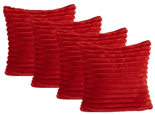 OHS Faux Fur Ribbed Cushion Covers, Sofa Cushions Throw Pillows Sofa Bedroom Living Room Cuddle Cushion Lounger Covers for Cushion Inserts, Pack of 4 - Red