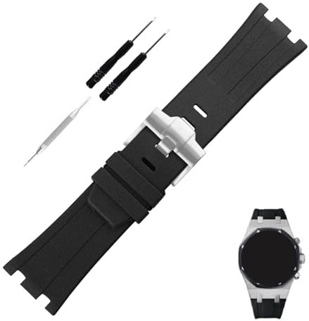 Topuly Ersatz-Uhrenarmband aus Gummi für Audemars Piguet AP Royal Oak Offshore 15703 (Herren-Stil) 15710 26170 26176 26237 26470 26703, 28 mm, Silikon-Armband mit Schnalle, 28 mm, silberfarbene