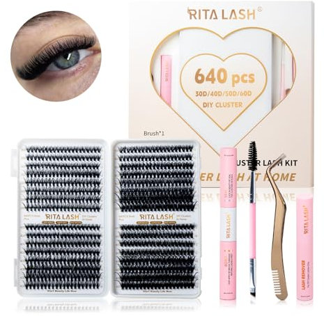 RITALASH DIY Lash Extension Kit 640pcs Lash Clusters Eyelash Extension Kit 10-16mm with Mascara Brush Bond and Seal Lash Glue Remover Lash Applicators (640pcs 30D+40D+50D+60D KIT)