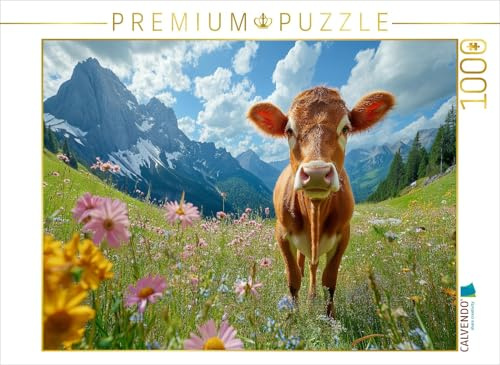 CALVENDO Puzzle Kuh auf blühender Almwiese im Allgäu | 1000 Teile Lege-Größe 64 x 48 cm Foto-Puzzle für glückliche Stunden