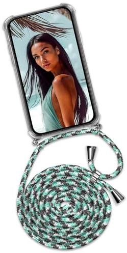 ONEFLOW Handykette für Samsung Galaxy S24 FE Hülle mit Band, Handyhülle mit Kette abnehmbar, Handyband zum Umhängen, Handy Umhängeband Lange Handykordel, Twist Case – Mint grau