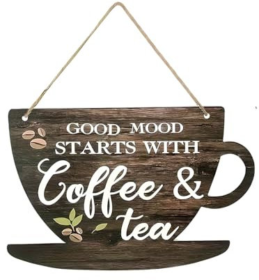 Dewocke Letrero de madera de té y café, 19 x 29 cm, placa colgante de café y té, letrero vintage para cafetería, póster de café y té, arte de pared de café para cocina, interior, exterior, hogar,