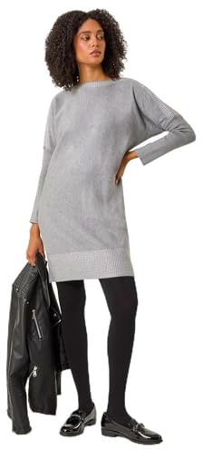 Roman Originals Knitted Jumper Dress for Women UK Ladies Stretchy Knit Knitwear Autumn Winter Casual Smart Pull On Work Long Sleeves Slouch Above Knee Short Length - Light Grey - Size 20