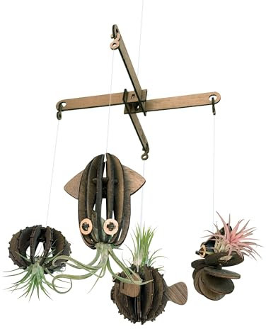 Set de 4 Soportes para Plantas de Aire (Tillandsia) Temática Marina con Móvil de Cruz de Madera - Regalo Fácil para Amantes de Plantas y Decoración Marina