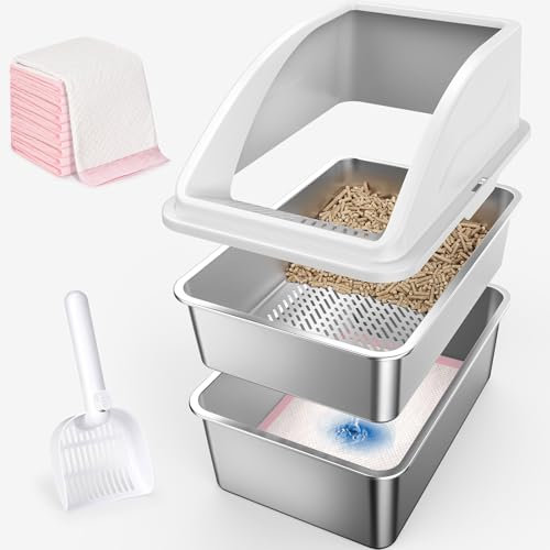 AIPERRO Stainless Steel XXL Sifting Cat Litter Box with Lid for Big Cats | High Sided, Anti-Urine Leakage | Non-Stick Bottom
