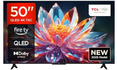 TCL 50T6C-UK 50” QLED 4K HDR TV, Fire TV (Smart TV with Dolby Vision & Atmos, HDR10+, Press & Ask Alexa, 2025 New Model)