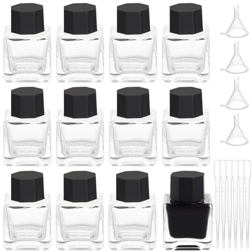 BENECREAT 12Pcs Heavy Duty Glass Ink Jars, 25ml/0.85oz Glass Bottles with Black Plastic Caps, 6Pcs Plastic Droppers, 4Pcs Funnels for Ink Liquid