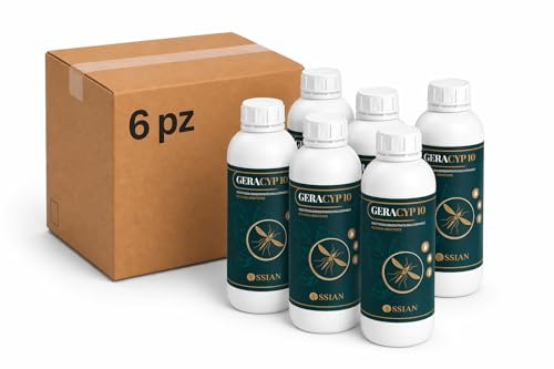 Ossian Geracyp 10 - Insetticida Antizanzare, Formiche, Scarafaggi, Insetti Striscianti e Volanti, Concentrato con Cipermetrina e Geraniolo, Effetto Residuale, Gradevole Profumazione (6 PZ, 1 LT)