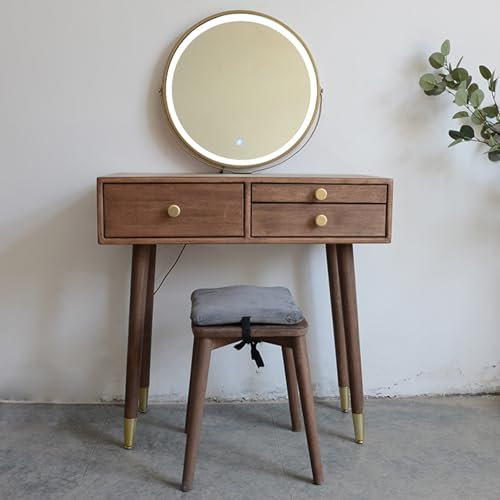 Vanity Table Mirror with Lights Vanity Desk Wood 3 LED Lighting Modes Adjustable Make Up Table with 3-4 Storage Drawers and Upholstered Stool,Suitable for Bedroom and Living Room(80 * 130 * 40cm)