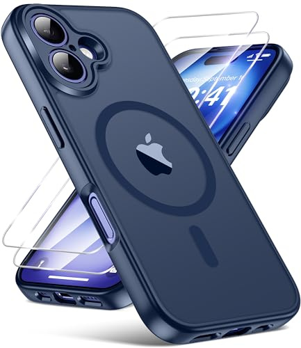 FLLAO Magnetic for iPhone 16 Case with 2 HD Screen Protector, Blue | 2 Tempered Glass, Full Camera Protection, Military-Grade Shockproof, Slim Translucent Matte Hard Back Bumper Phone Cover