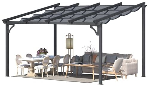 UNIONLINE 4x3m Gartenpavillon, Aufrollbarer Pergola mit Verstellbarer Sonnenschutzplane, Wandmontierter Leaning-to Metallpavillon für Terrasse, Schwarz, Polyester-Dach
