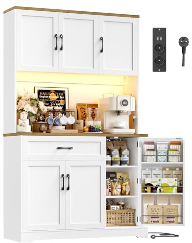 FirFurd Küchenschrank, Buffetschrank mit LED, Gewürzregal, Steckdosenleiste | Küchenschrank 100cm breit mit Arbeitsplatte, Vorratsschrank, Küchenbuffet, Sideboard für Küche, Wohnzimmer, 180x100x38cm weiß