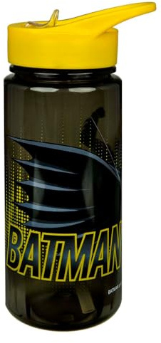 Undercover Scooli AERO Batman Trinkflasche mit Strohhalm, 500 ml, BPA-frei, Gelber Deckel, Ausklappbarer Trinkstutzen, 19 cm Höhe