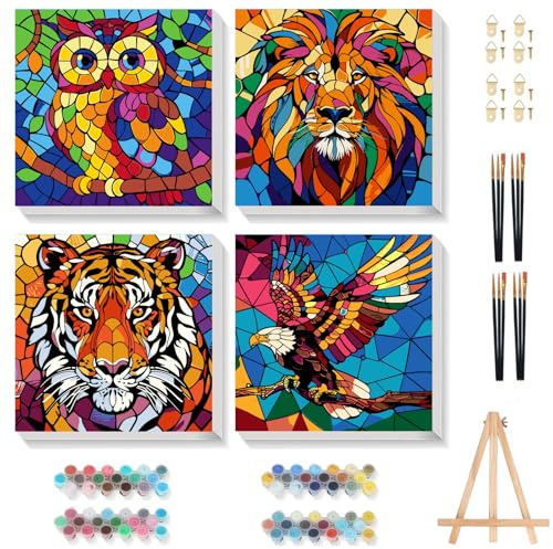YarnWhimsy Malen nach Zahlen Kinder Wildtiere mit Rahmen 4 Stück, 20x20cm | Malen nach Zahlen Eule, Adler, Tiger, Löwe, Geschenk Bastelset Mädchen und Junge 6 7 8 9 10 11 12 Jahre