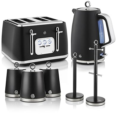 Swan Serenity Complete Essentials Kitchen Set, 1.7L Rapid Boil Kettle, 4 slice Toaster, 3 Canisters, Towel Pole and Mug Tree, Black, EEJB479