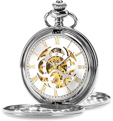 ManChDa Taschenuhr Unisex Taschenuhr mit Kette Analog Handaufzug Doppelscharnier Antik Graviert Römische Silber