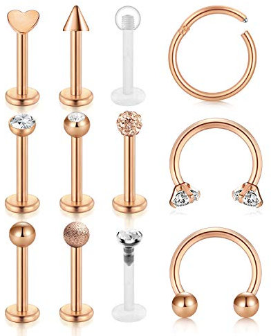 Incaton Tragus Piercing Rosegold 16 Gauge Chirurgenstahl Lippenpiercing Ring Hufeisen SeptumPiercing Set 12stk