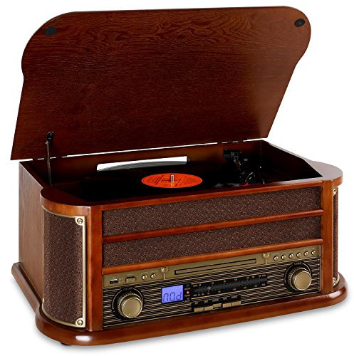 Auna Plattenspieler mit Lautsprecher, Retro mit Bluetooth und 3 Geschwindigkeiten, Schallplattenspieler im Vintage Design, Vinyl Record Player mit AUX, für Schallplatten